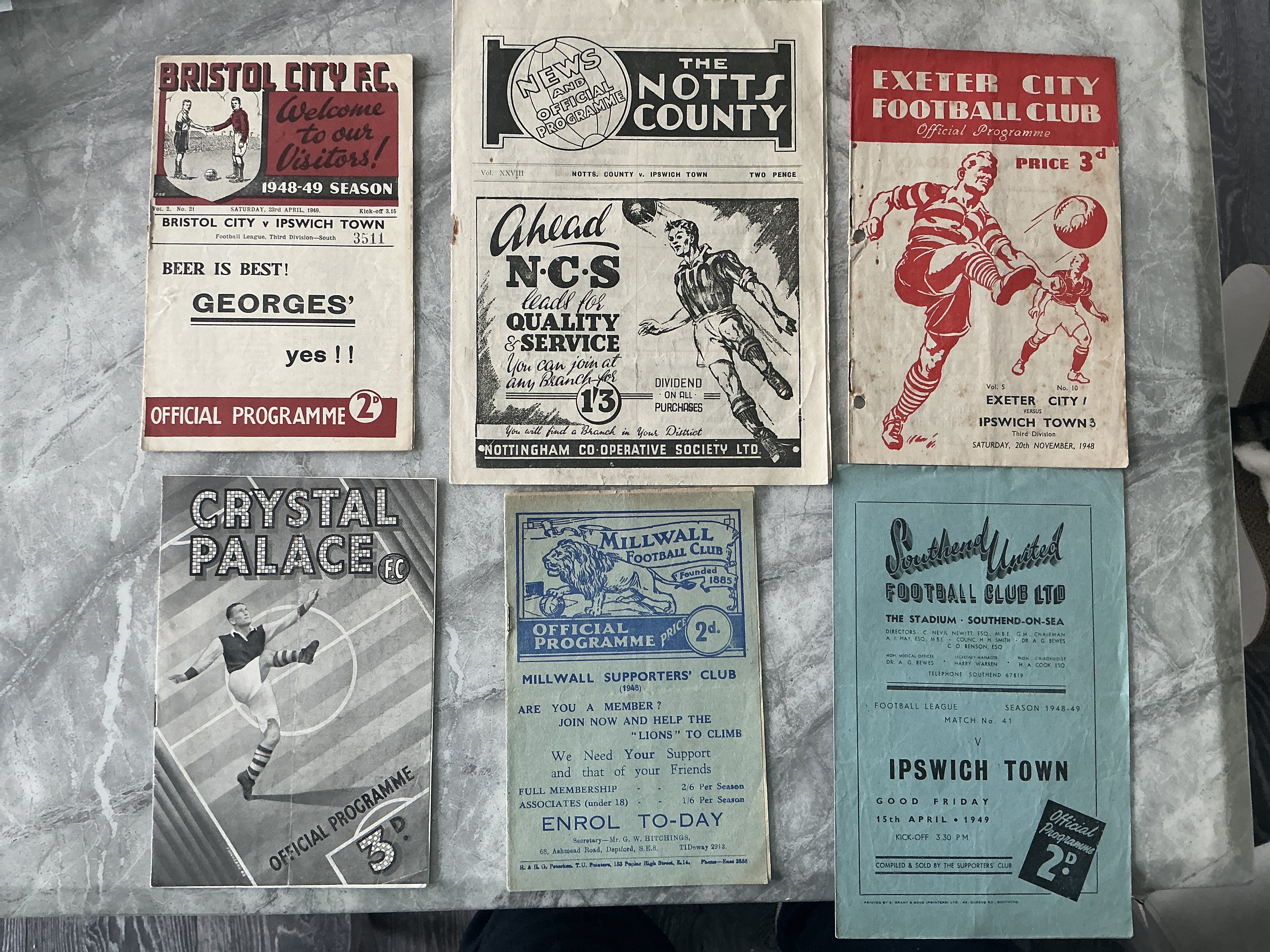 48/49 Ipswich Town Away Football Programmes: Crystal Palace Bristol City Southend Millwall Notts County all good with Exeter having punch holes. (6)