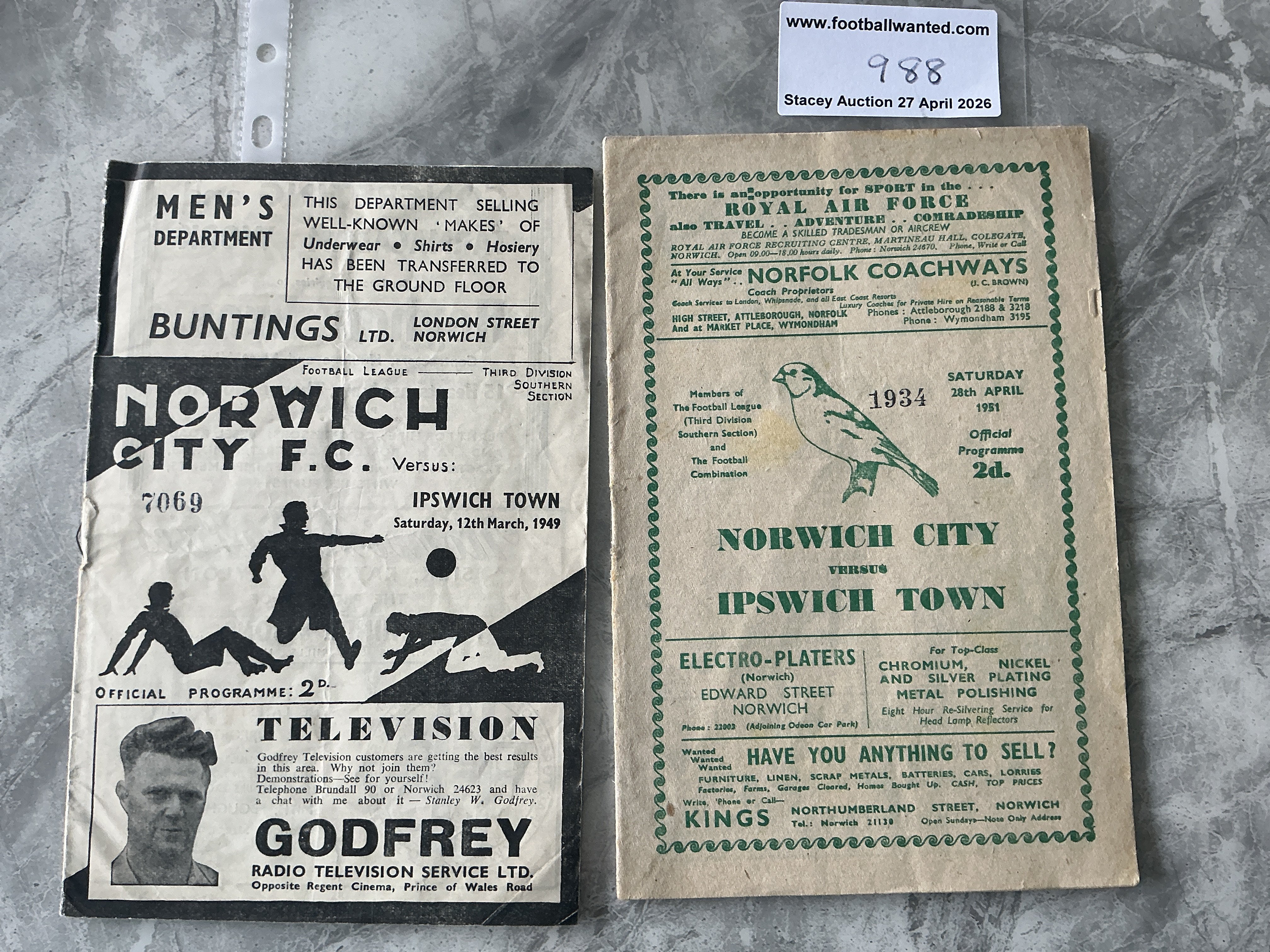 48/49 + 50/51 Norwich City v Ipswich Town Football Programmes: Good condition division 3 programmes with no team changes. (2)