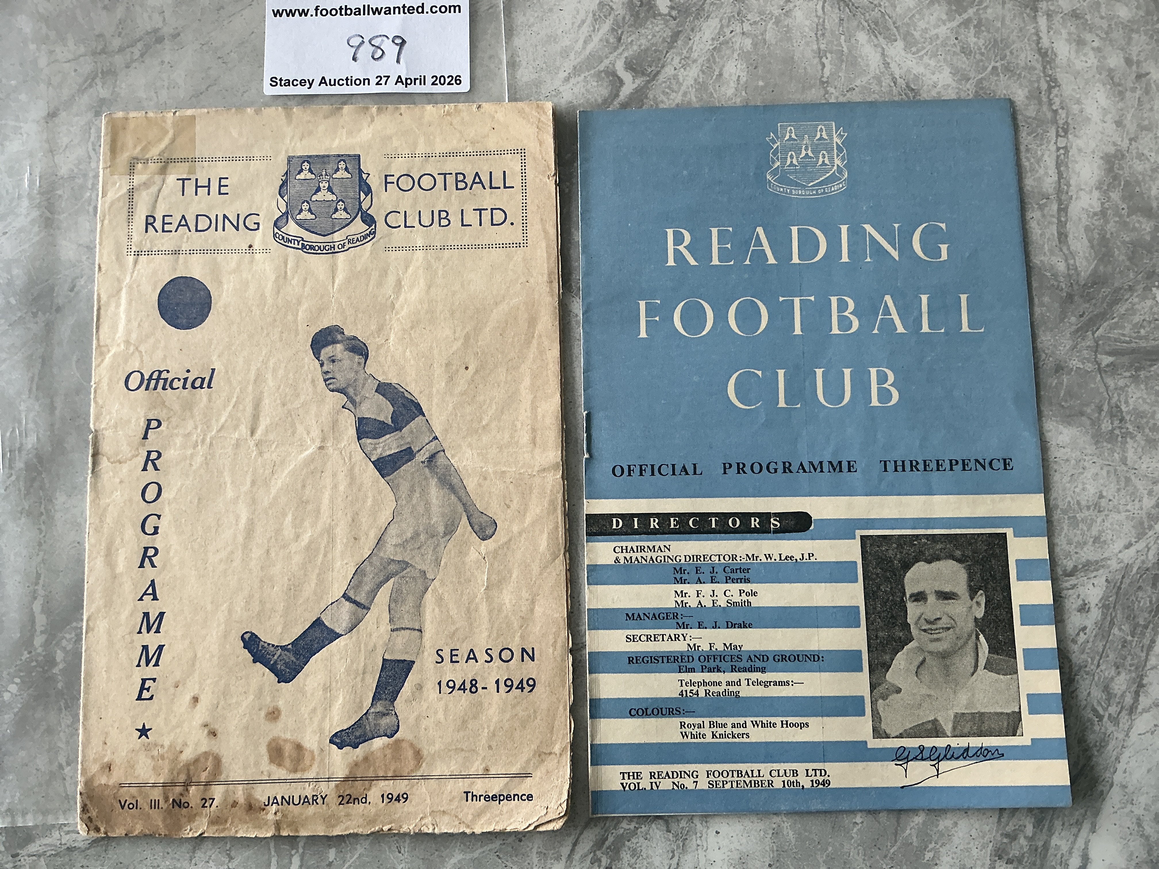 48/49 + 49/50 Reading v Ipswich Town Football Programmes: 49/50 is very good condition with no team changes. 48/49 has faults including staining, tape and tearing. (2)