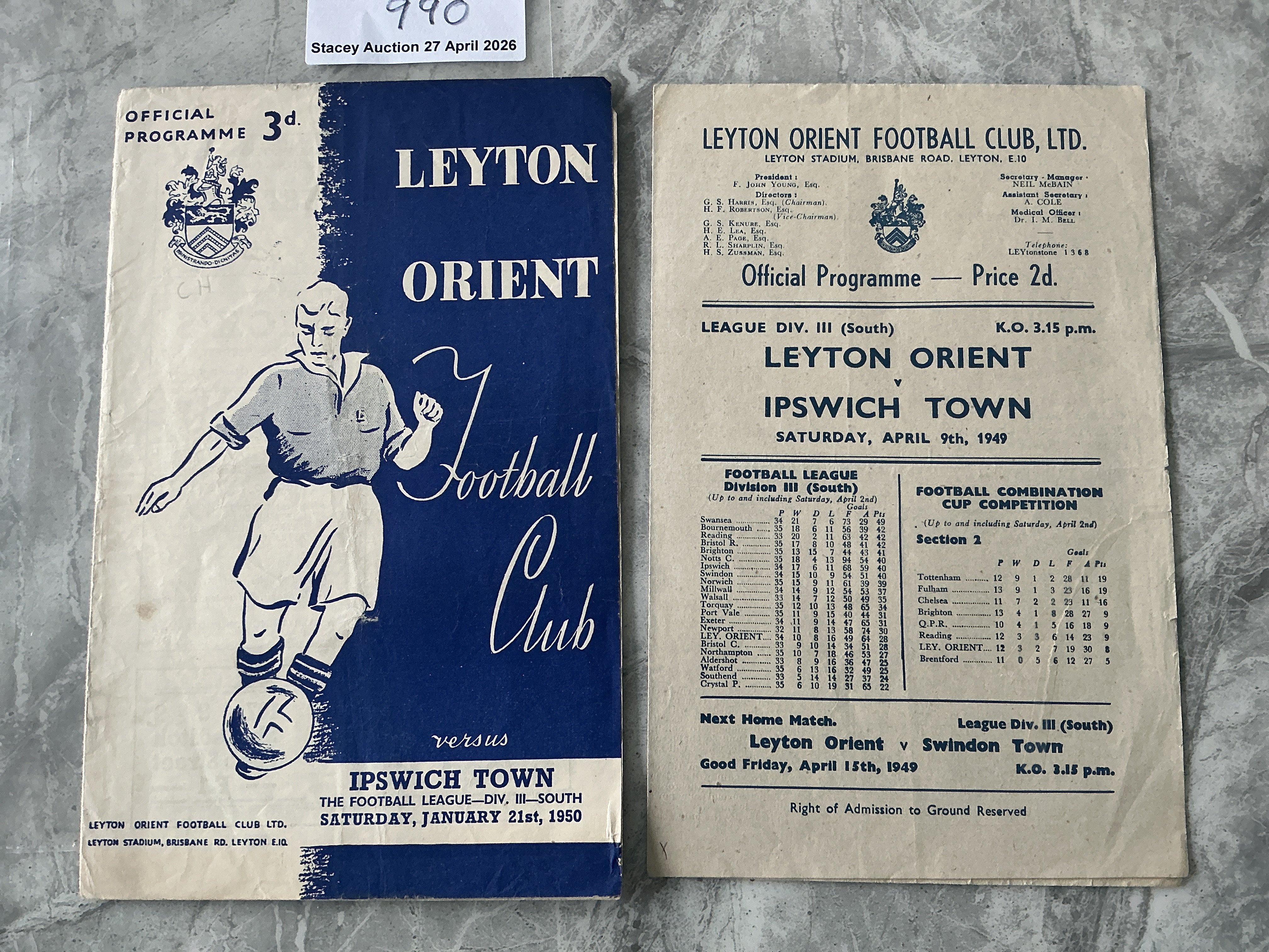1940s Orient v Ipswich Town Football Programmes: 45/46 hole and wear, 46/47 47/48 48/49 49/50 all good condition 3rd division programmes with no team changes. (5)