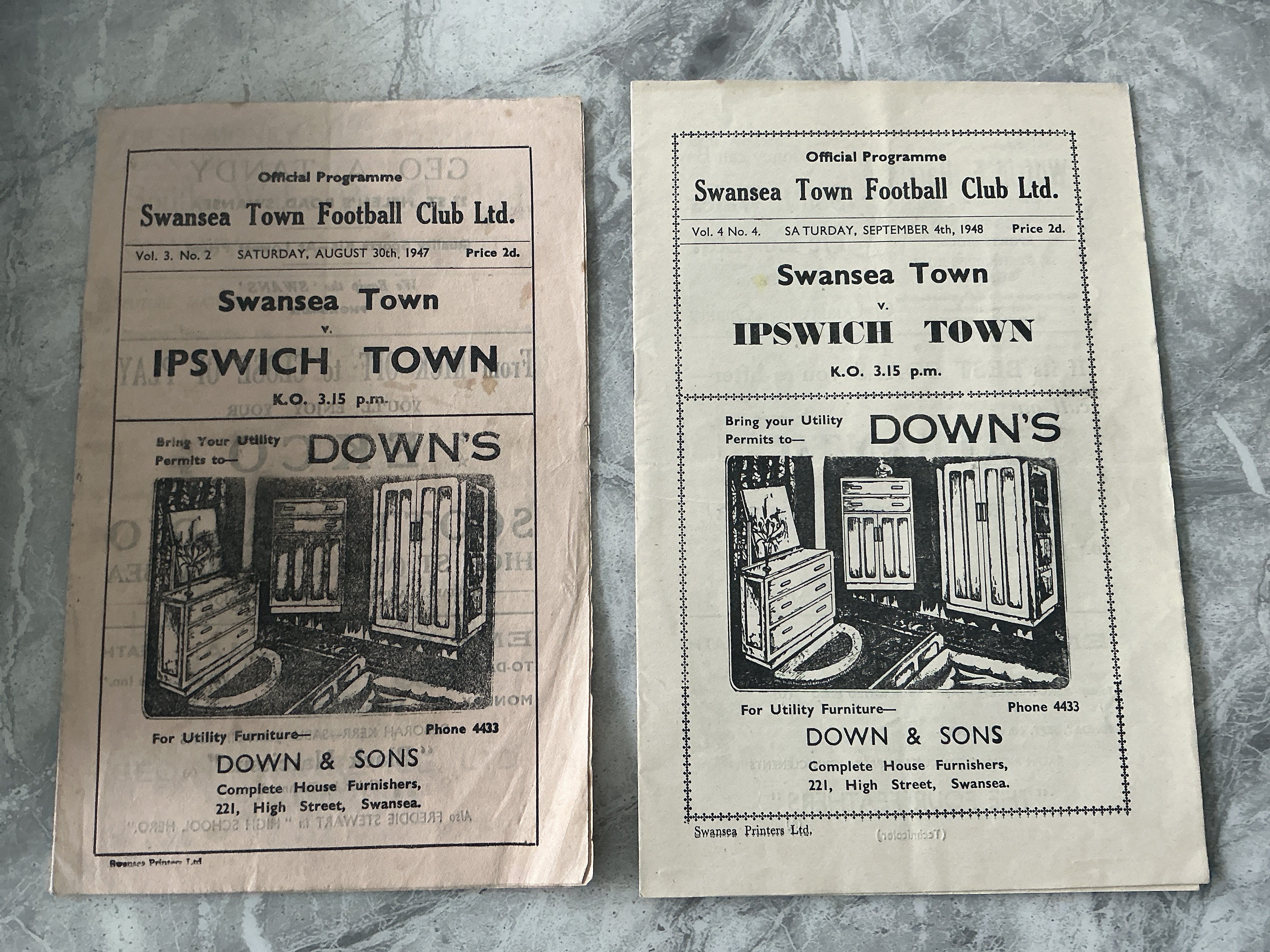 47/48 + 48/49 Swansea v Ipswich Town Football Programmes: Slight mark to rear page of earlier programme otherwise very good condition with no team changes. (2)