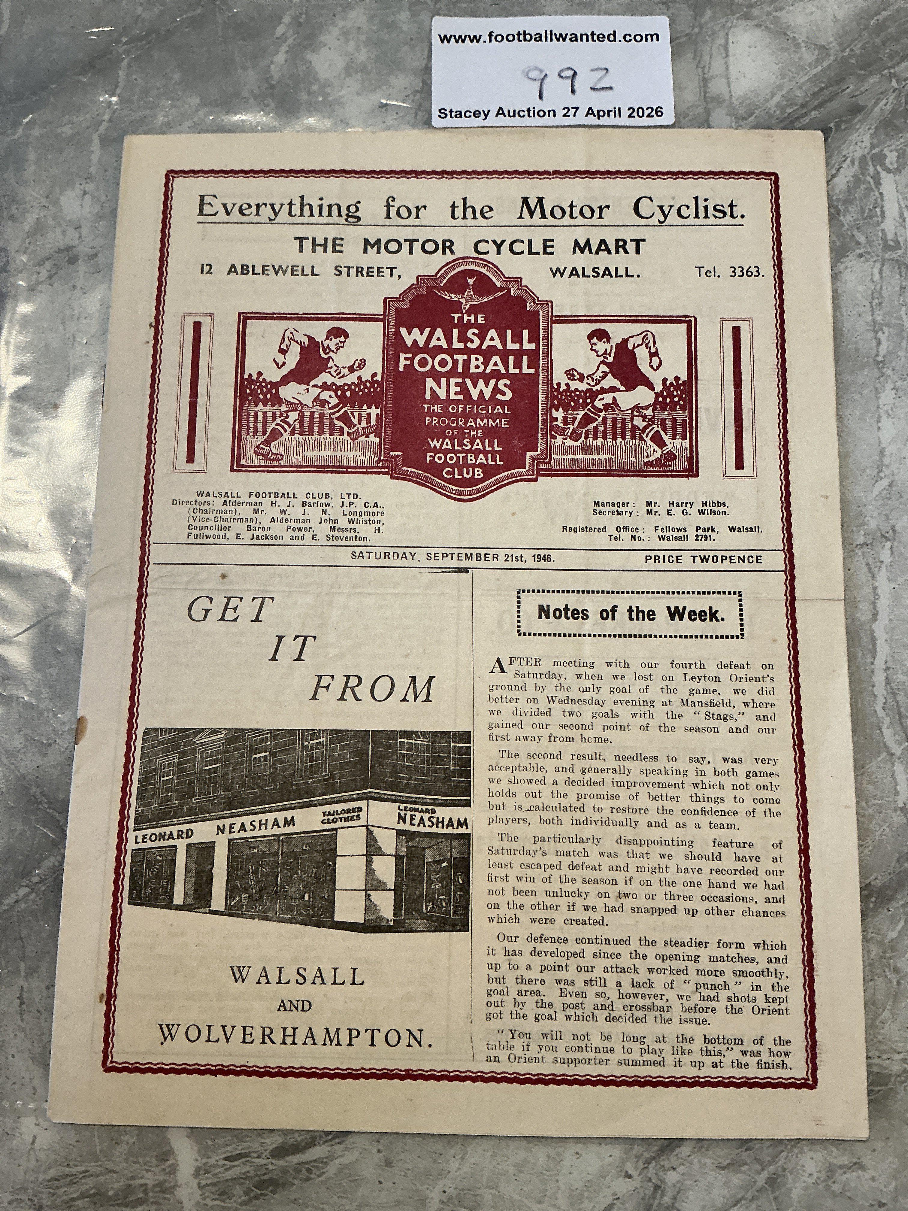 45/46 Walsall v Ipswich Town Football Programme: Very good condition with no team changes. 