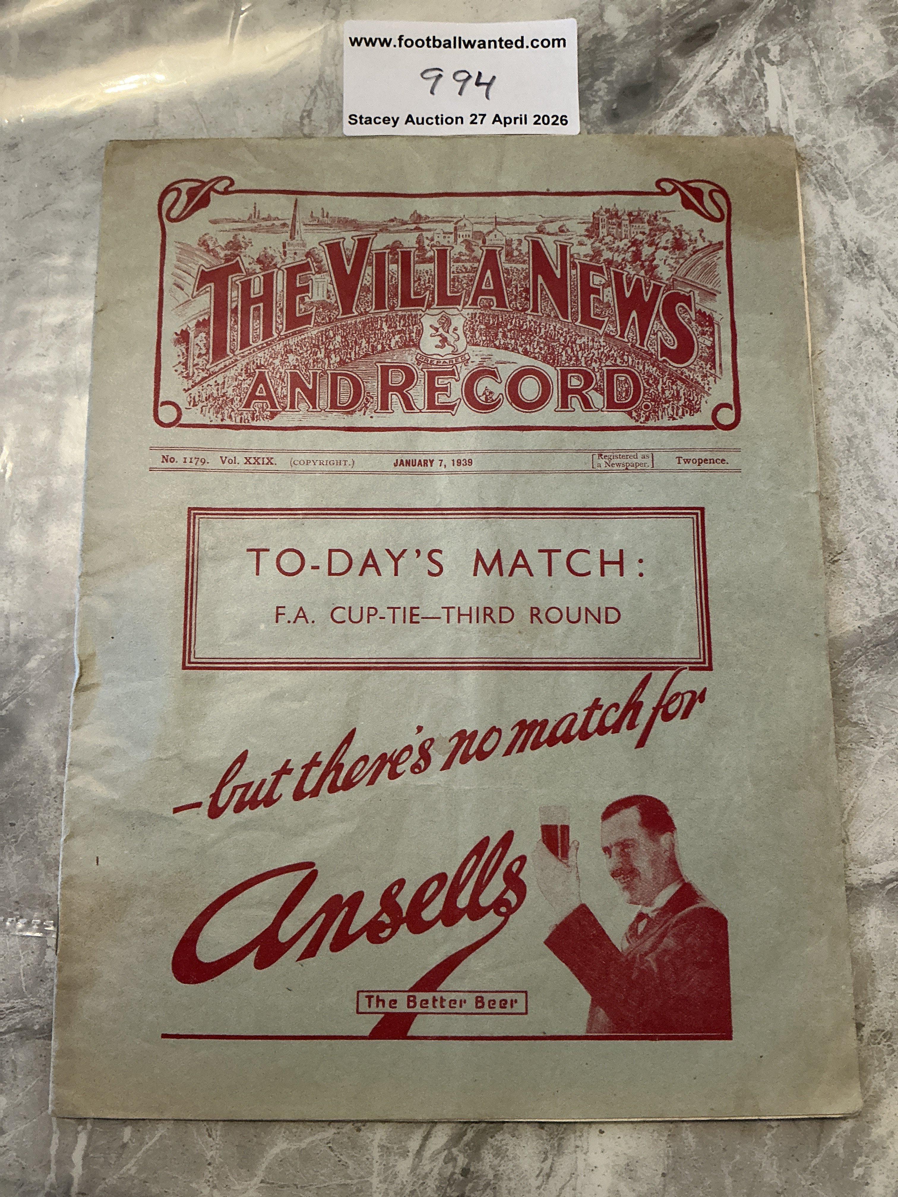 38/39 Aston Villa v Ipswich Town FA Cup Football Programme: Very good condition with no team changes. 