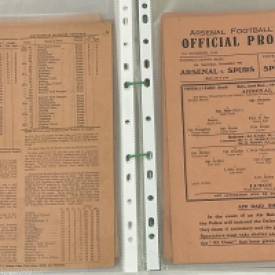 Arsenal 44/45 Complete Home Football Programmes: Single sheets to include League matches v Aldershot QPR Brighton West Ham Charlton Watford Luton Tottenham Brentford Southampton Millwall Fulham Crystal Palace Reading Chelsea and Cup v Clapton Orient Reading Portsmouth. Some have team changes a couple are poor but mainly good. (18)