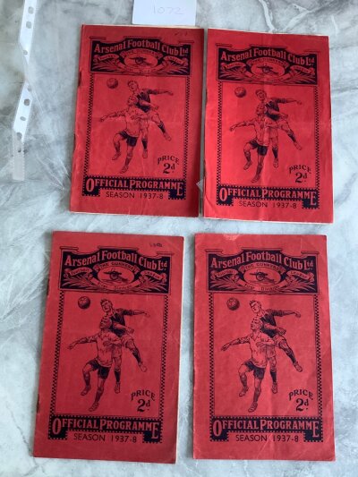 1937 - 1938 Arsenal Home Football Programmes: Huddersfield and Liverpool have team changes with Everton unwritten. All have rusty staples. C/W Charlton v Aston Villa FA Cup 3rd meeting at Highbury which is unwritten. (4)