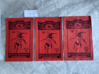 1930s Arsenal Home Football Programmes: 32/33 Newcastle Sheffield United Division One matches in good condition with no team changes. C/W 34/35 Leicester with staples rotted away. (3)