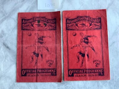1929 - 1930 Arsenal Home Football Programmes: Division One matches West Ham and Sheffield Wednesday in fair/good condition with no team changes. Folding. (2)