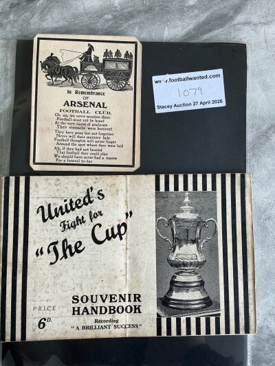 Newcastle v Arsenal FA Cup Final Brochure + Remembrance Card: Souvenir handbook titled United Fight For The Cup which is a 34 page build up to the FA Cup final which is excellent inside but fair to cover with fold and foxing. C/W a card in Remembrance of Arsenal which is a pre war sledging of the opponents. This is not dated and could possibly be earlier. (2)