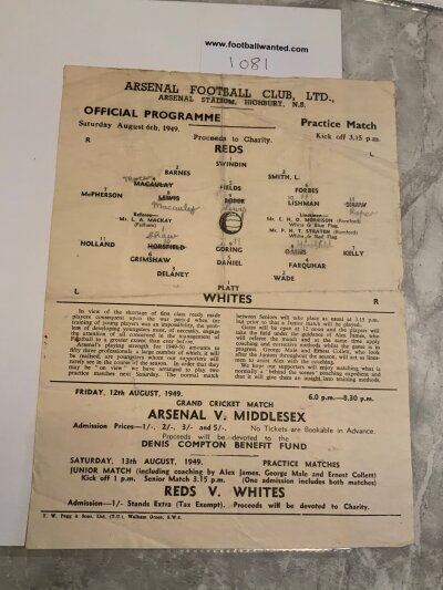 1949 Arsenal Practice Match Football Programme: Single large sheet dated 6 8 1949 in fair/good condition with pencilled team changes. Creasing.