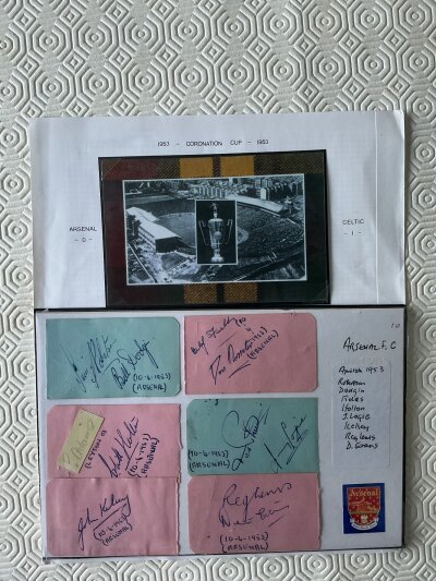 Arsenal 1953 Football Autographs: Removed from autograph book and stuck down from the year Arsenal won the 1st division and Charity Shield. Players are Evans Lewis Kelsey Logie Holton Fields Dodgin and Roberson.
