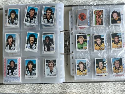 Signed Panini Football 79 Football Sticker Cards: Superb collection in pockets with autographs personally obtained by vendor. 382 cards of which 124 are signed. Most cards have been stuck down.