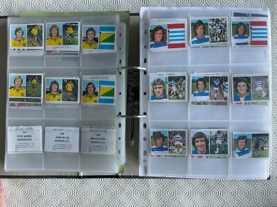 Signed 76/77 FKS Football Sticker Cards: Superb collection in pockets with autographs personally obtained by vendor. 315 cards of which 131 are signed. Some cards have been previously stuck down or have writing to rear.