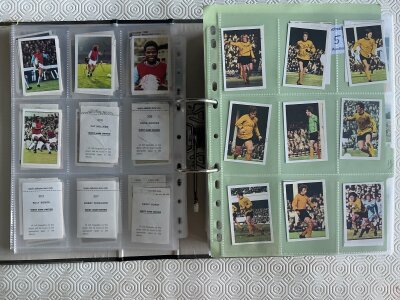 Signed 72/73 FKS Football Sticker Cards: Superb collection in pockets with autographs personally obtained by vendor. 269 cards of which 177 are signed. Some cards have been previously stuck down or have writing to rear. Includes Bobby Moore.