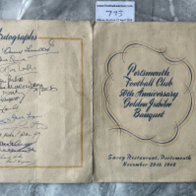 Portsmouth 1948 Signed Football Menu: Large November 1948 50th anniversary golden jubilee banquet menu held at The Savoy Portsmouth. The back page which is designed for autographs is signed by Tommy Trinder, Journalist Roy Peskett and The Lord Major who was a top table guest. There are a further 11 autographs which do not appear to be players. Inside there is a table plan. Portsmouth were 1st Division champions this season. Tear on spine and tiny piece missing from table plan. 