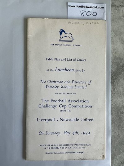 1974 Signed FA Cup Final Football Menu: Liverpool v Newcastle luncheon menu at a Wembley before the match. All in one menu and table plan listing all guests. Signed to rear by guests Bruce Forsyth Dickie Henderson Peter Dimmock and Richard Attenborough.