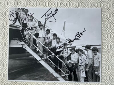 England Team Groups Signed Photo Collection: Large mainly magazine pictures with part signed team groups. Lovely photo of the team boarding a plane for the 1982 World Cup signed by 8. 20 multi signed team pictures.