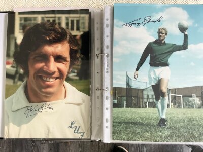 Leeds United Football Suction Collection: Quantity of magazine pictures often large size with many from the 60s. Includes Johanneson Charles Giles Reaney Clarke McQueen Yorath and Hunter. There are some white cards and a few photos included. (100+)