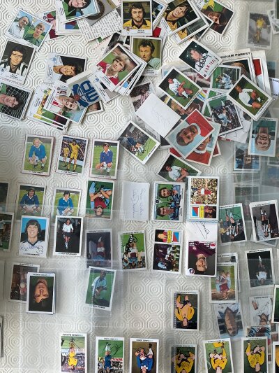 60s + 70s Signed Football Cards: Football stickers hand signed by a variety of players from different clubs mostly that have been stuck down. (245)