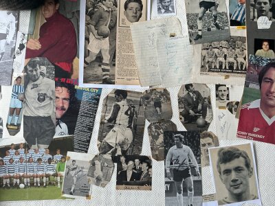 Signed Football Magazine Pictures: includes lined page with autographs of Tranmere Chesterfield plus various sized pictures to include Derek Upton and Howard Wilkinson. Over 60 autographs.