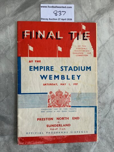 1937 FA Cup Final Football Programme: Preston v Sunderland in good condition with no team changes. Light stain.