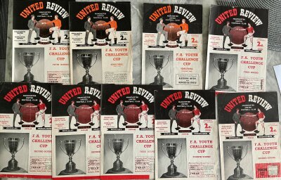 Manchester United Youth + Reserve Football Programmes: There are 9 Youth Cup with tokens missing from 57/58 to 60/61, 1959:Senior Cup Final v Man City. Reserves include 6 from the mid 60s and some later sheets often with tokens missing. Mixed conditions with some good. (33)