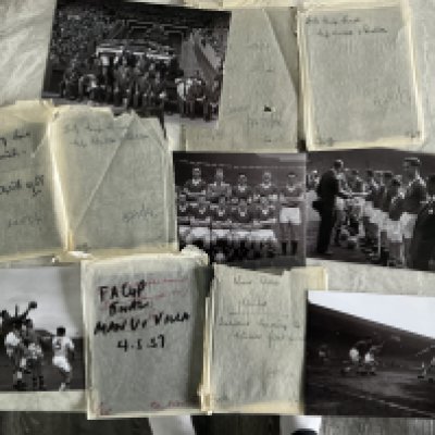 Manchester United 1957 + 1958 Glass Photo Negatives: Subjects include Matt Busby home from Munich, 1957 + 1958 FA Cup finals, West Brom away. 5 of the 6 have been recently reproduced so you can see what the glass negatives consist of. (6)