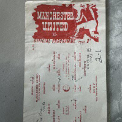 50/51 Manchester United Lancashire Cup Final Football Programme: Single sheet v Bury played on 14 5 1951 but incorrectly the programme states Season 1951-52.  Tear to top and rear has tape. Blank rear and writing to front. Harder to obtain. 