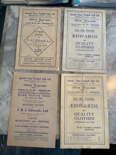 1940s Ipswich Town v Birmingham City Reserves Football Programmes: Combination matches from 46/47, 47/48 league and cup, 48/49 bit tatty. (4)