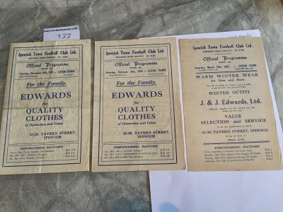 1940s Ipswich Town v Luton Reserves Football Programmes: 46/47  Combination Cup + 47/48 league and cup in very good condition with no writing. (3)