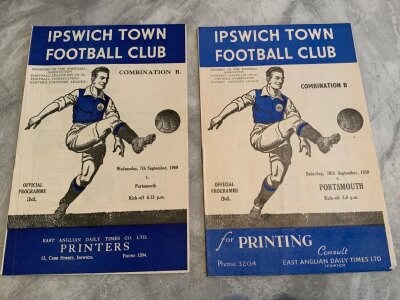 Ipswich Town v Portsmouth Reserves Football Programmes: 49/50 + 50/51 both very good with no team changes. (2)