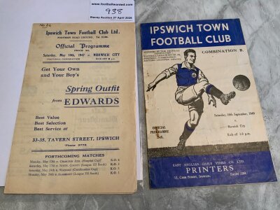 1940s Ipswich Town v Norwich City Reserves Football Programmes: 46/47 team changes and 49/50 both very good. (2)
