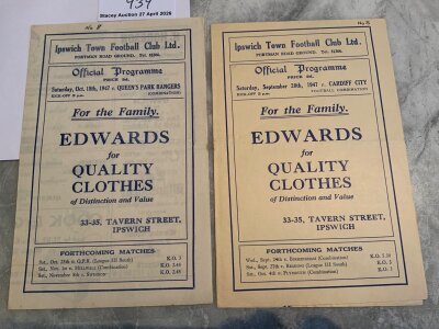 47/48 Ipswich Town Reserve Football Programmes: Combination matches v Cardiff and QPR team changes. Both very good with number to covers border. (2)