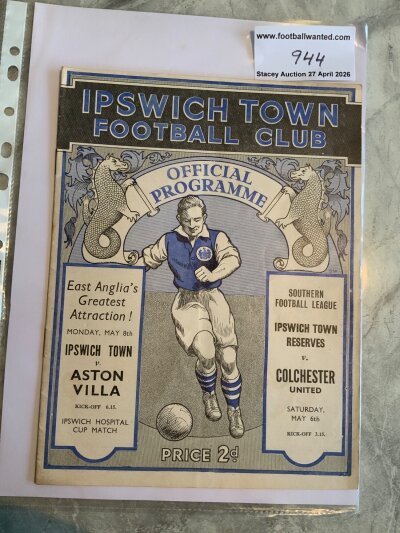 38/39 Ipswich Town Reserves v Colchester United Football Programme:Excellent condition end of season friendly dated 5 5 1939 with application for 39/40 season ticket inside. No team changes.