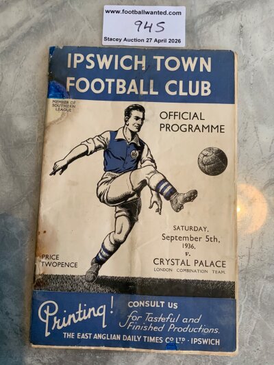36/37 Ipswich Town v Crystal Palace Reserves Football Programme: Ipswich first team friendly dated 5 9 1936. Now in fair/good condition after expensive professional repair throughout to staple area. No team changes.