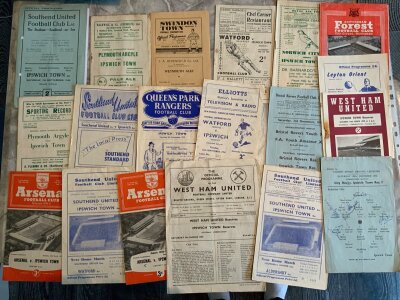 1940s + 1950s Ipswich Town Away Reserve Football Programmes: 46/47 Southend PH, 47/48 Plymouth, 48/49 Swindon, 49/50 Watford, 50/51 Norwich, Plymouth, 52/53 QPR, 54/55 Watford, 55/56 Bristol Rovers, 58/59 Leicester and more. Mainly good. (19)