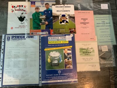 Ipswich Town Home Charity Match + Other Football Programmes: 58/59 + 59/60 Norwich, 60/61 Suffolk FA, 68/69 Lowestoft Suffolk Premier Cup, 70/71 Showbiz X1, 78/79 Suffolk v Herts. C/W Hospital Cup matches 1990 + 2015 plus a 2009 James Holland stag programme. Excellent. (9)