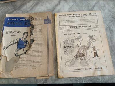 Ipswich Town Pre War Damaged Home Football Programmes: 37/38 Sunderland no covers, 38/39 Cardiff piece of front cover and back page is reproduction, Torquay back cover reproduction, Aston Villa tatty top edge, tape and tear, Torquay no covers, 39/40 Norwich (2 9 1939) has 3/4 missing from cover and team photo inside with back page tatty. (6)