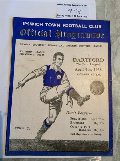 37/38 Ipswich Town v Dartford Football Programme: Southern League match 9 4 1938 in excellent condition with no team changes.