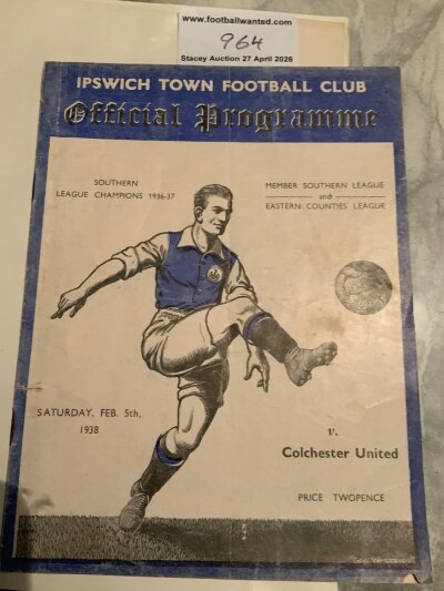 37/38 Ipswich Town v Colchester United Football Programme: Four pager dated 18 9 1937. Good condition with no team changes. Light fold and tiny rust mark. Large piece missing from centre page not affecting teams and tape to back page.