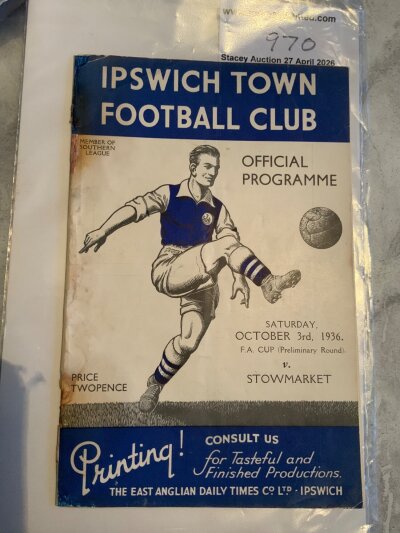 36/37 Ipswich Town v Stowmarket Football Programme: FA Cup preliminary match dated 3 10 1936. Professional repair mainly to area where staples had previously rotted away. Rusty staple holding marks still evident. Complete with no team changes.