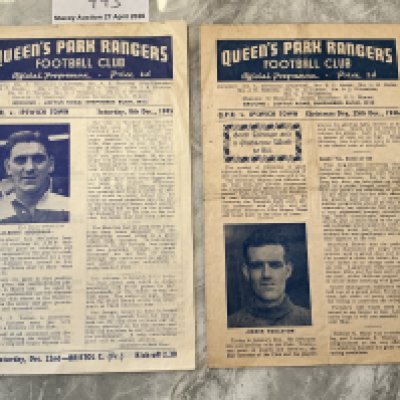 45/46 + 46/47 QPR v Ipswich Football Programmes: 45/46 FA Cup is excellent and 46/47 league match is very good with folding. No team changes. 