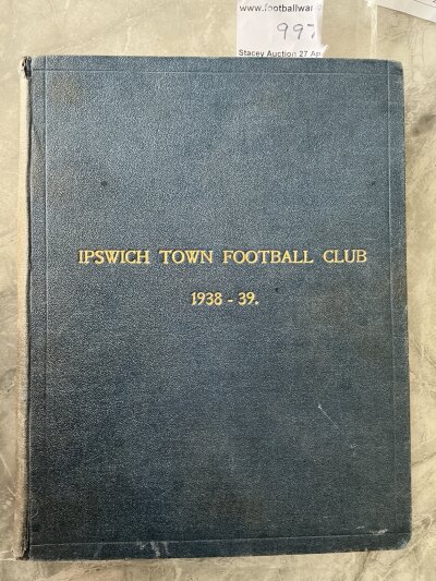 1938 - 1939 Ipswich Town Bound Volume Of Football Programmes: Superb piece of history from Towns first season in the Football League. Over 20 programmes with 20 pages each of first team matches to include Aston Villa Hospital Cup. Please note this is the official club made volume so covers are missing. Discoloured spine and front of blue boards stating Ipswich Town Football Club 1938-39.