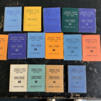Ipswich Town Season Ticket Collection: Nice incomplete run from 57/58 to 73/74 which are all the same style hard cover small booklets which contain fixture lists and seat number. Very good. (15)