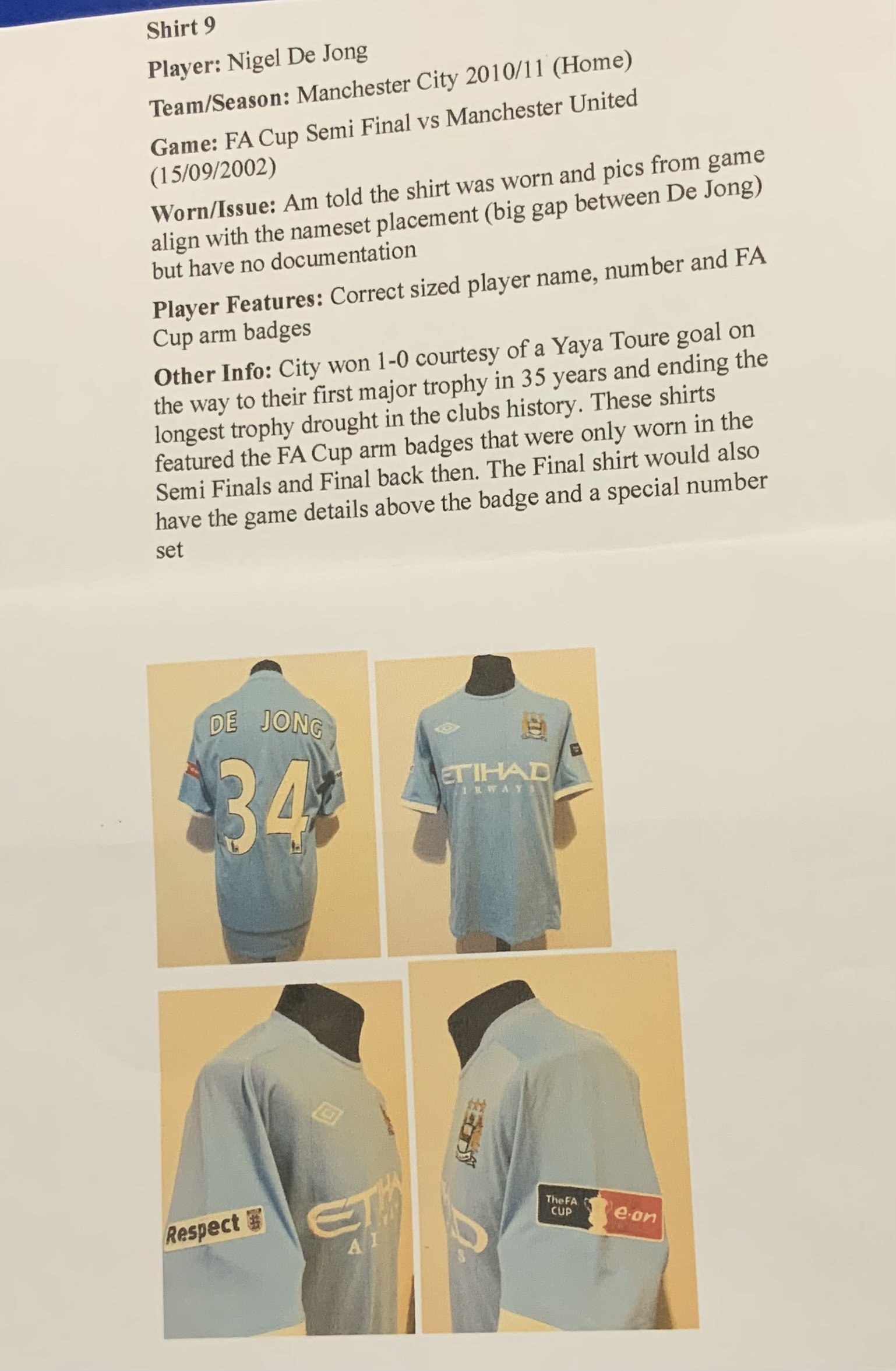 Manchester City 2011 FA Cup Semi Final Match Worn Football Shirt: Worn by DeJong. Full details with online pictures