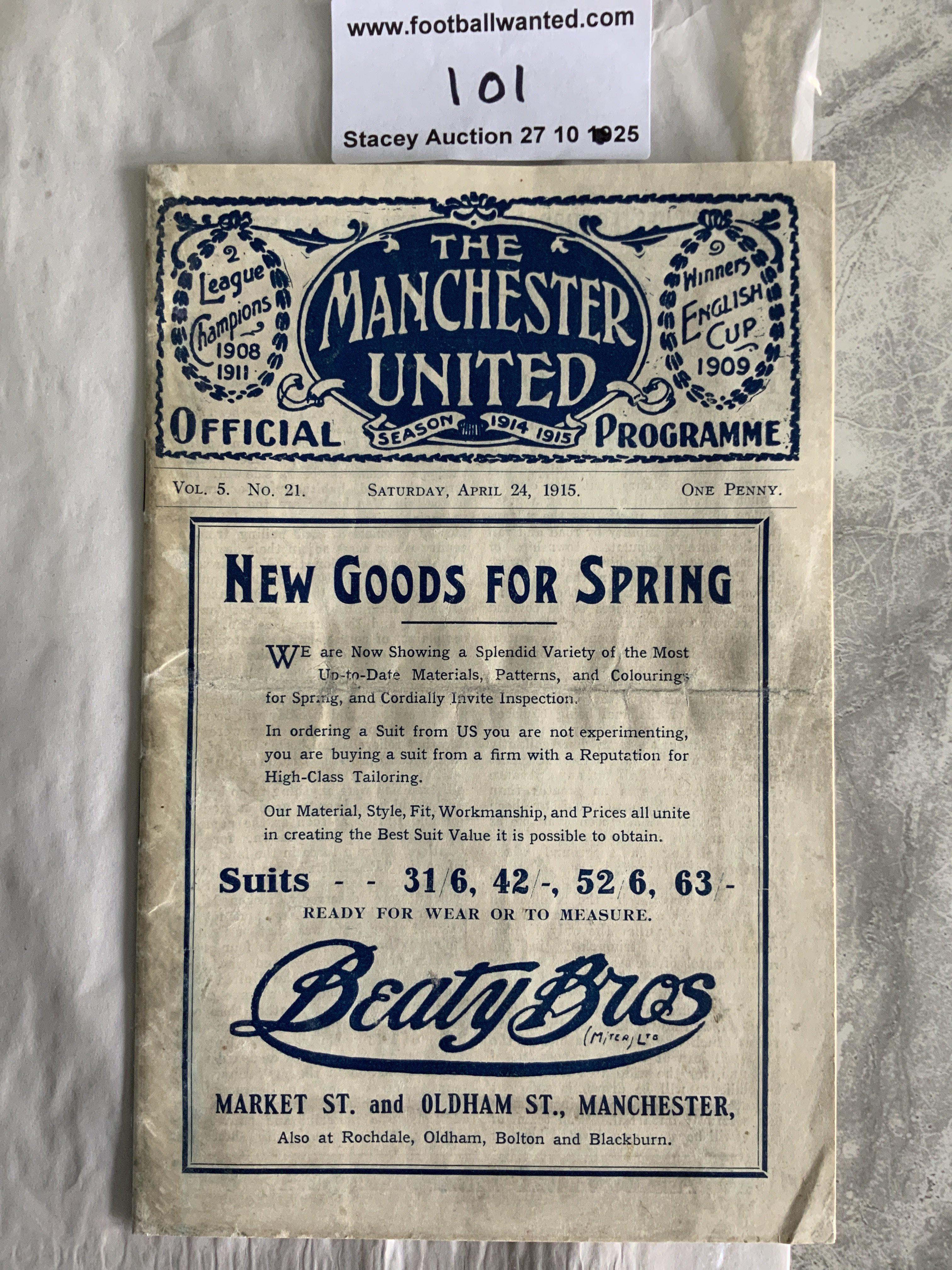 1915 FA Cup Final Football Programme At Manchester United: Incredibly rare Chelsea v Sheffield United final programme played at Old Trafford. Famously called the Khaki Cup Final as 1 year into World War One where the crowd was mainly dressed in military uniform. C/W Sheffield Sports Newspaper The Green Un from the day of the match and The Picture World newspaper from the Monday after with a match report inside. Programme very good with no team changes and papers fair. (3)