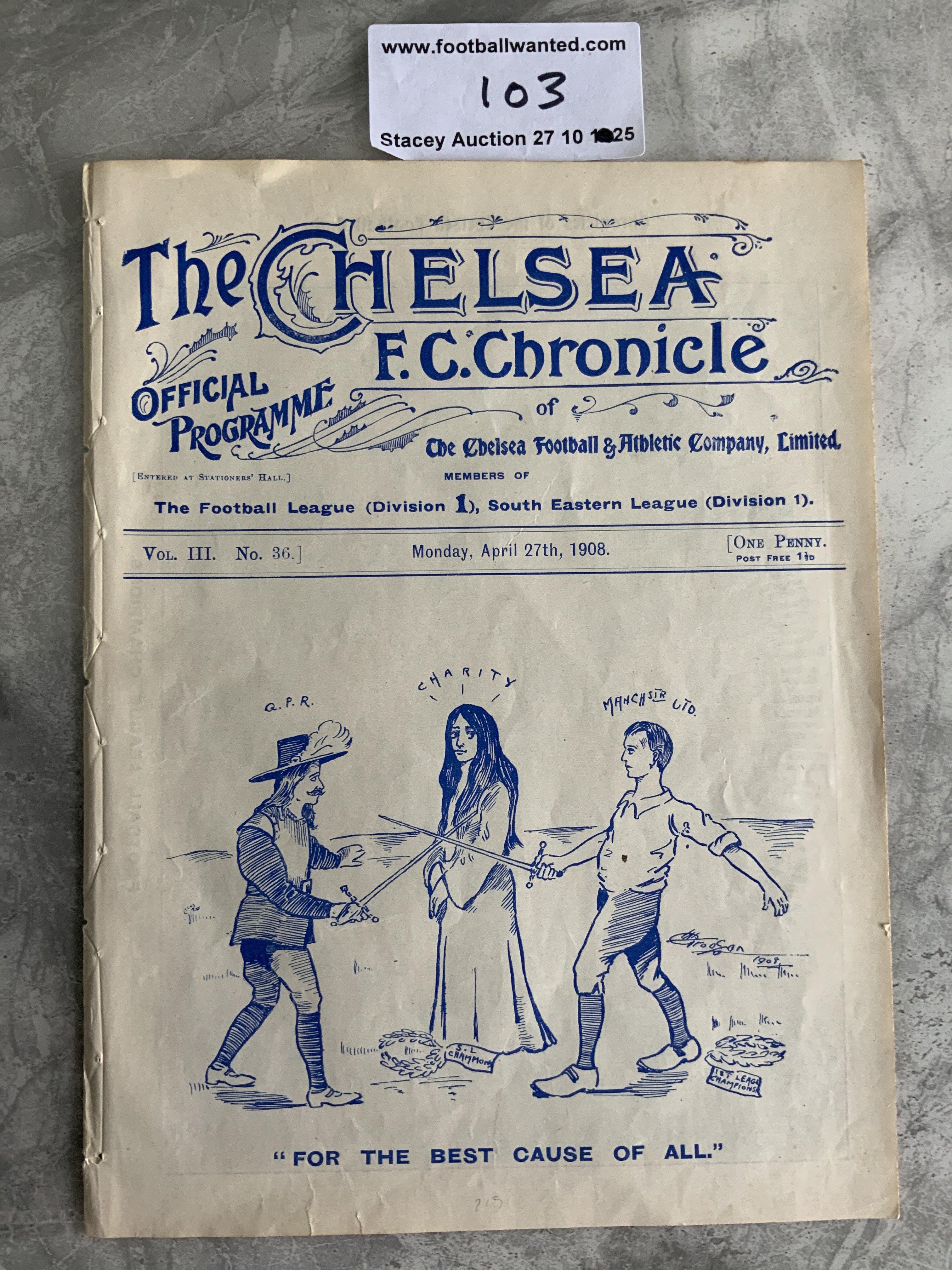 1907 - 1908 Charity Shield QPR v Manchester United At Chelsea Football Programme: Good condition 4 page ex bound programme with no writing.
