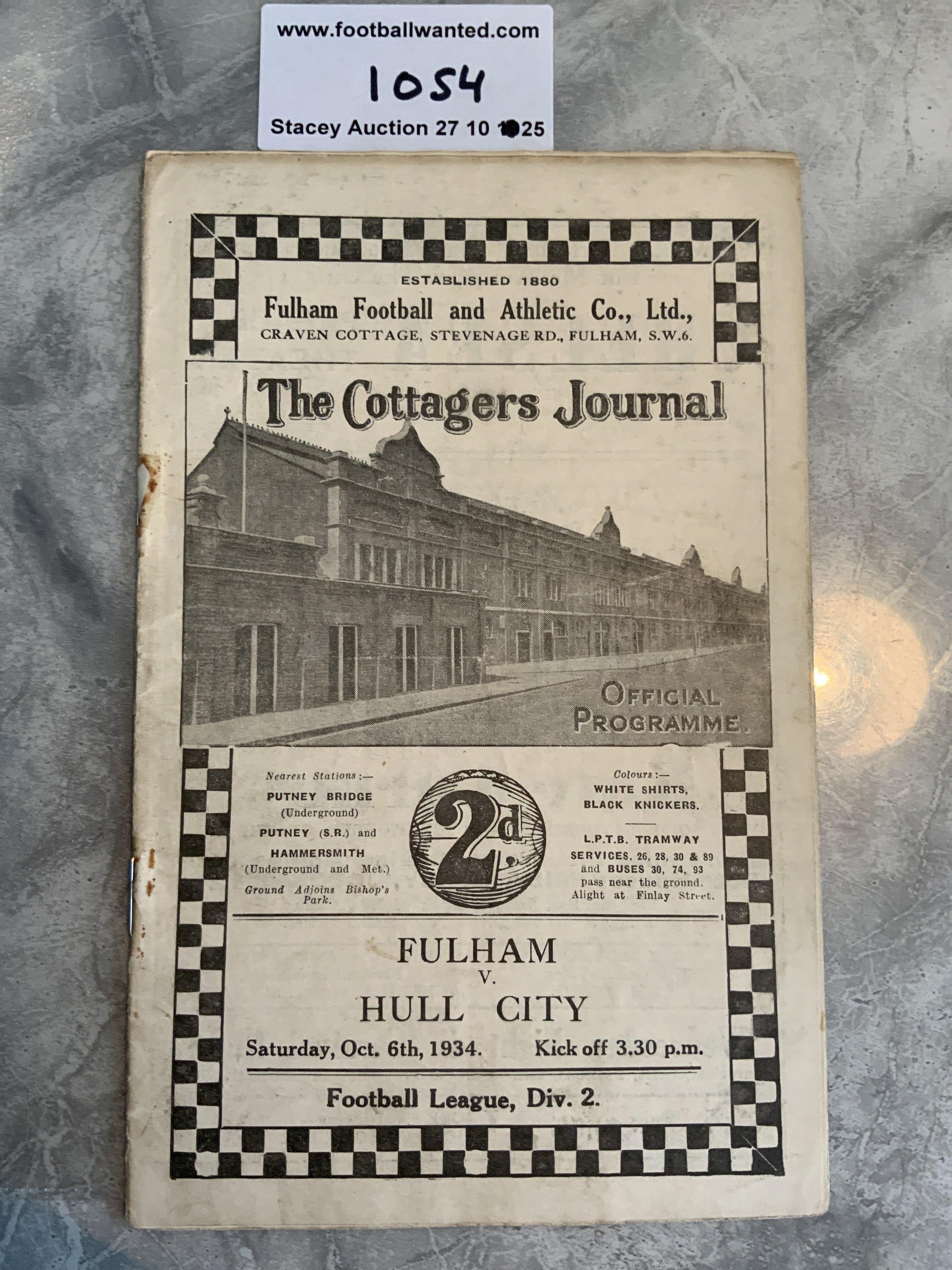 34/35 Fulham v Hull City Football Programme: Re stapled on repaired area otherwise good with no team changes.