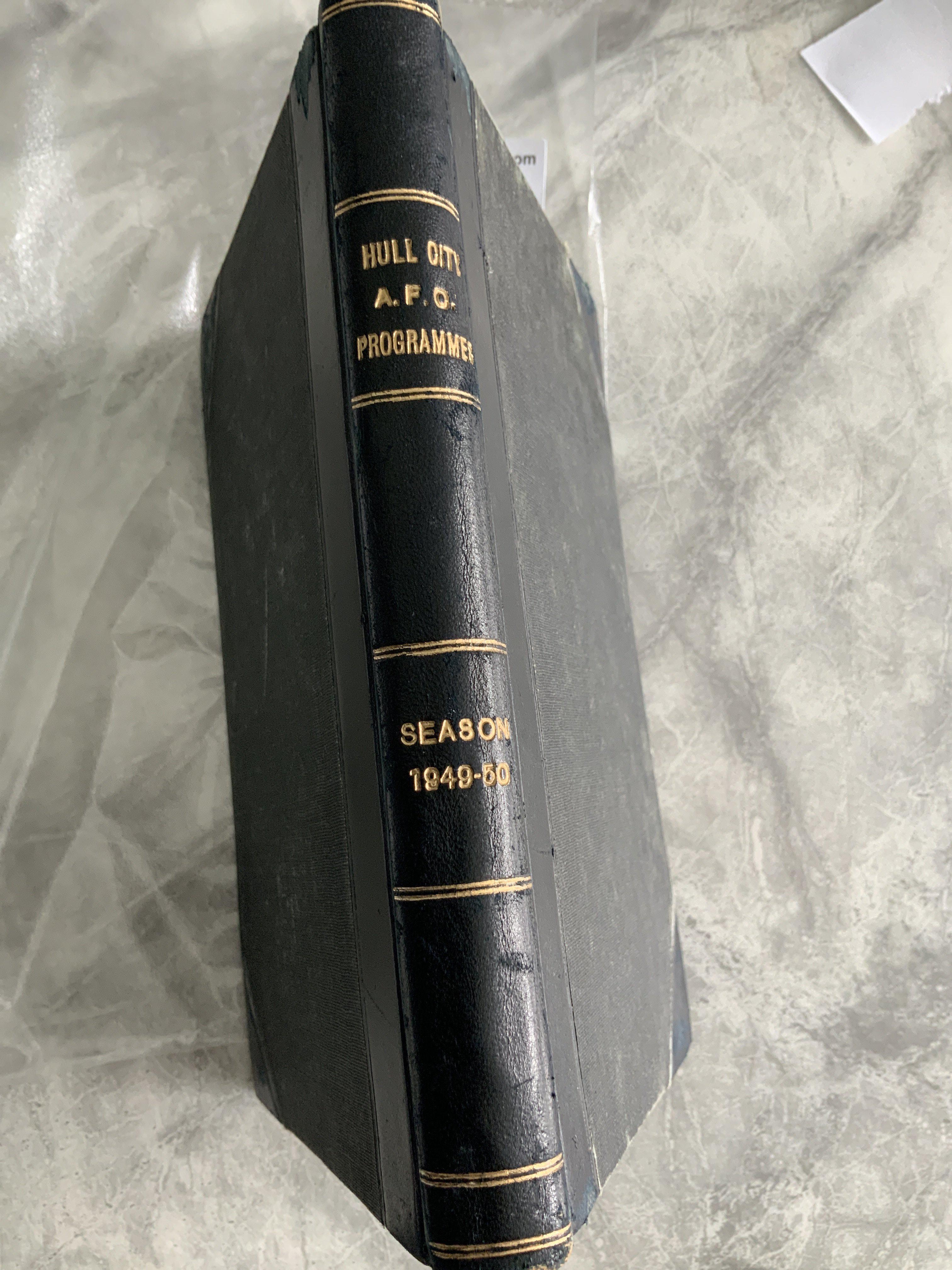 49/50 Hull City Bound Volume Of Football Programmes: Includes England v Scotland Amateurs, Clyde friendly, Hull City Boys v Barnsley Boys Final with league matches complete and in stunning unwritten condition with covers. Blue boards state Hull City AFC Programmes Season 1949-50 to spine.