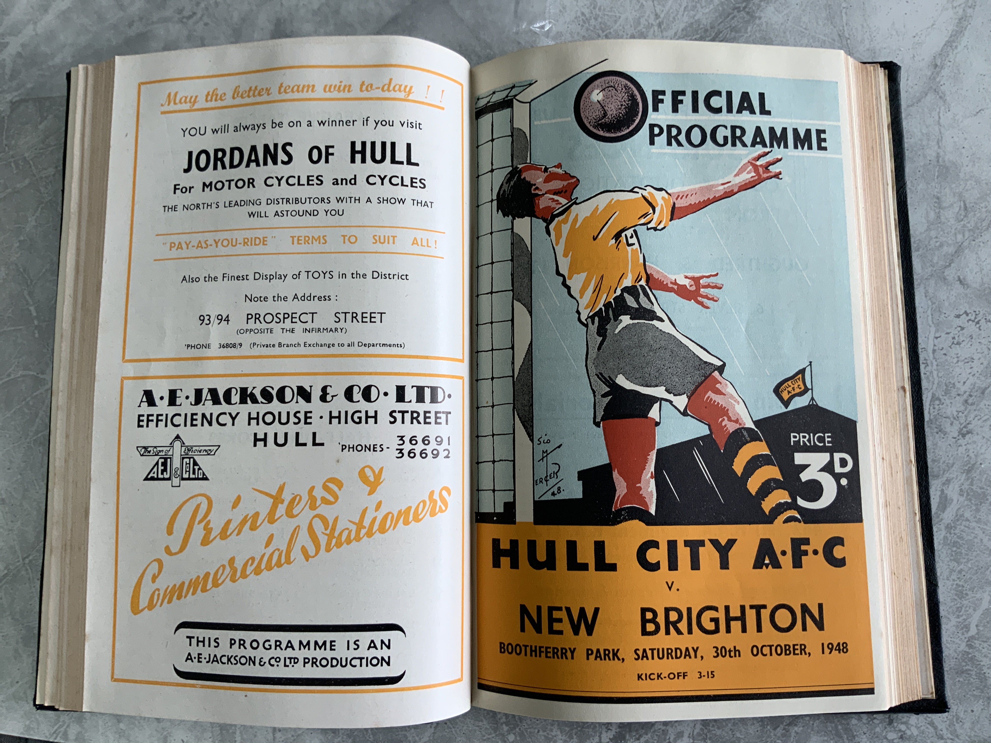 48/49 Hull City Bound Volume Of Football Programmes: Includes Barnsley East Riding Trophy, Reading FA Cup, Yorkshire Boys v Lancashire Boys, England Youth v Ireland with league matches complete and in stunning unwritten condition with covers. Blue boards state Hull City AFC Programmes Season 1948-49 to spine.