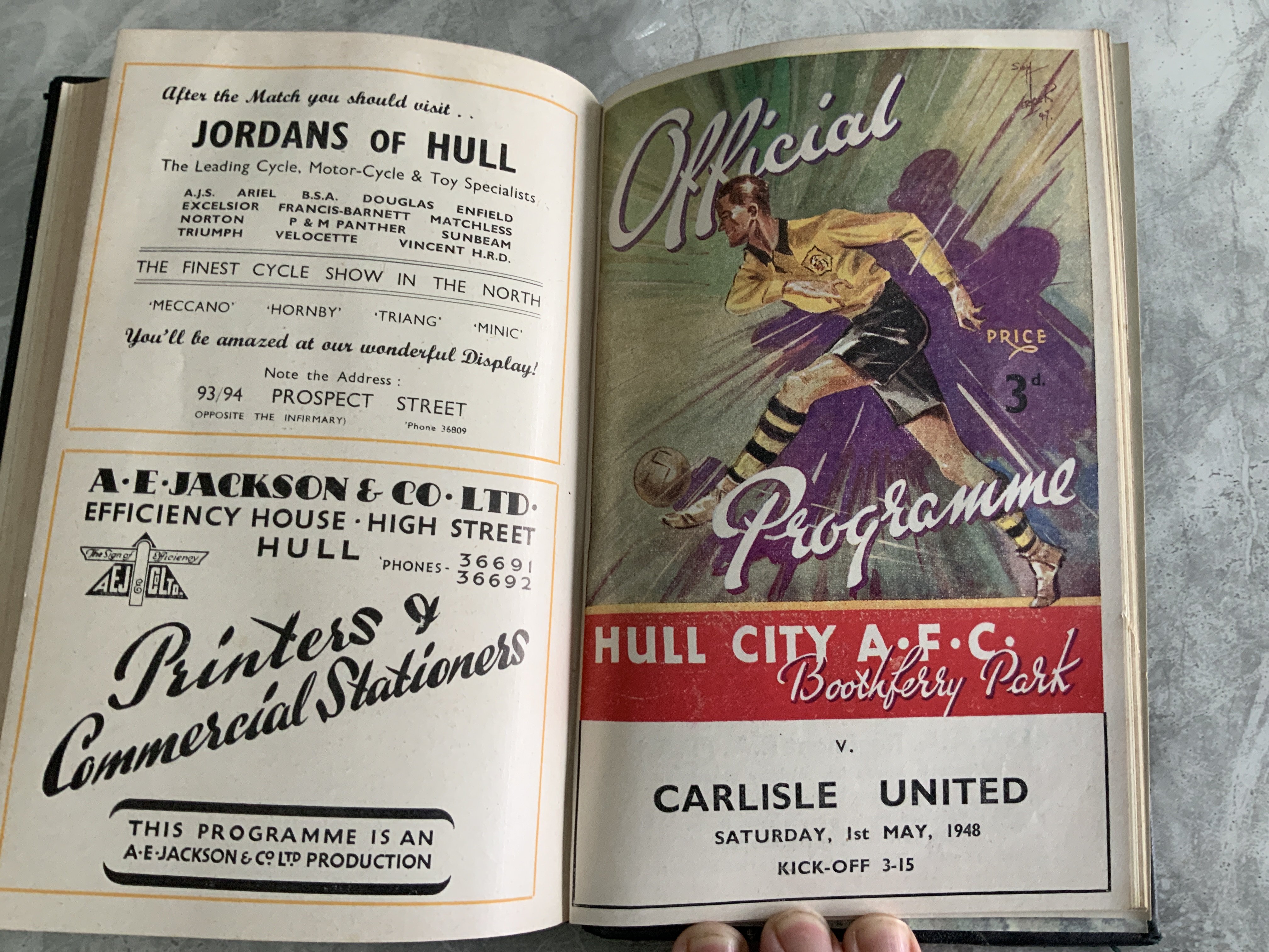 47/48 Hull City Bound Volume Of Football Programmes: Includes Rotterdam, Cheltenham FA Cup with league matches complete and in stunning unwritten condition with covers. Blue boards state Hull City AFC Programmes Season 1947-8 to spine.